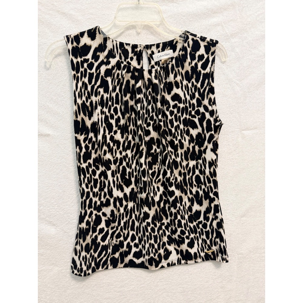 Calvin Klein Womens Leopard Animal Print Sleeveless Pleated Blouse Top Small